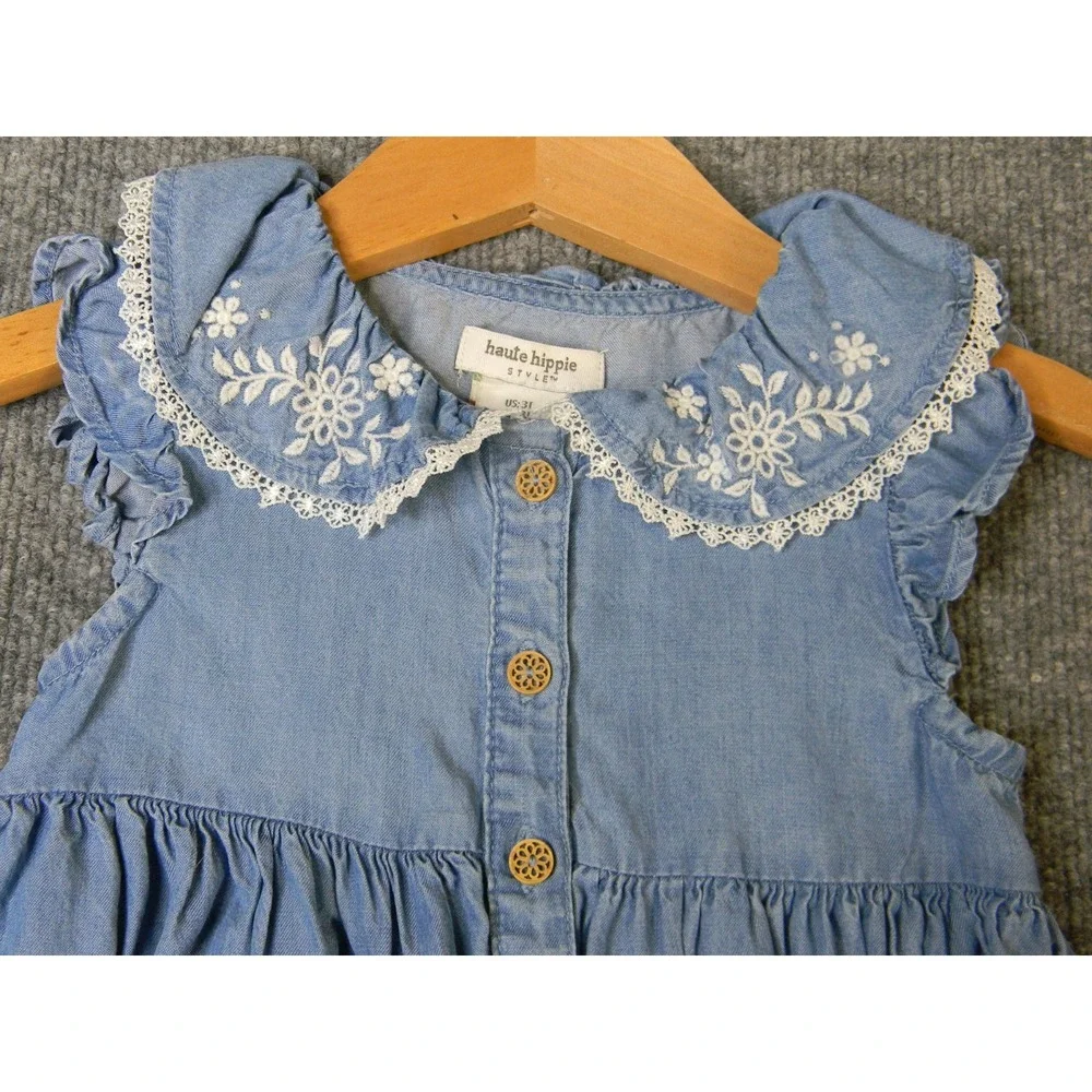 Haute Hippie Style Girls 3T Blue Chambray Dress Floral Embroidered Lace Collar